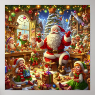 Póster Santa en su taller de Navidad con juguetes en la p
