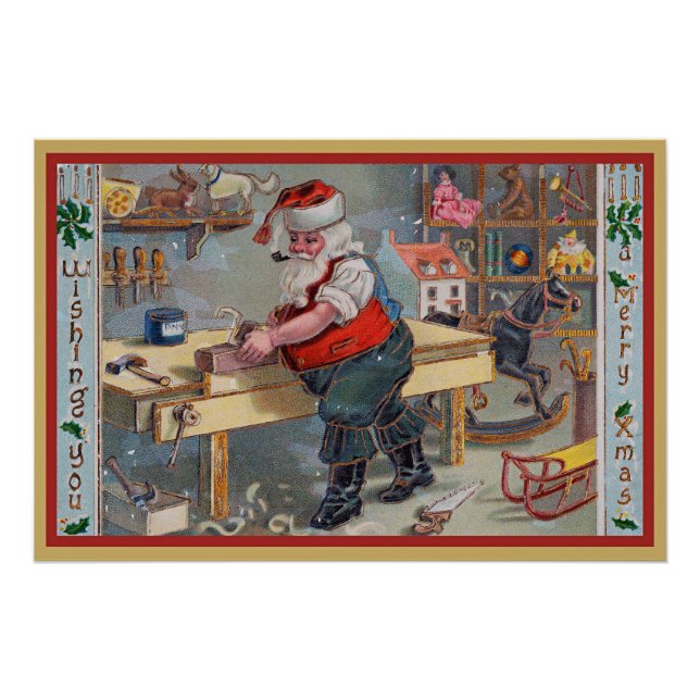 Póster Santa en su taller, Feliz Navidad, (Anverso)
