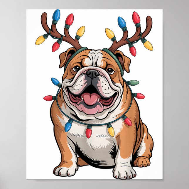 Póster Santa English Bulldog Reindeer Light Christmas  (Frente)