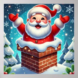 Póster Santa festivo saliendo de la chimenea