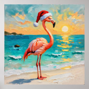 Póster Santa Flamingo en la playa