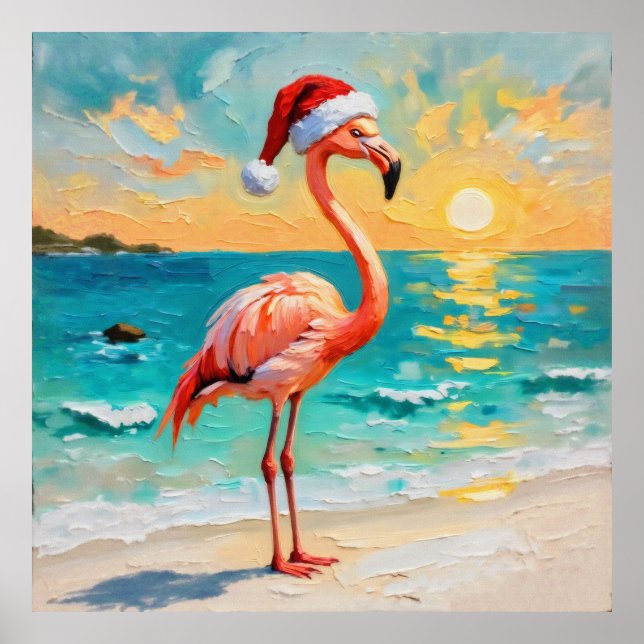 Póster Santa Flamingo en la playa (Frente)