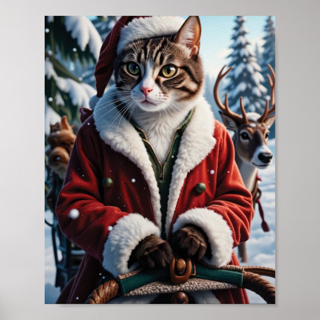 Póster Santa Gata liderando el Navidad Sleigh (Frente)