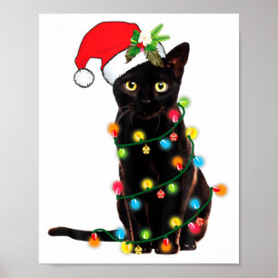 Póster Santa Gato Negro Enredado En Luces De Navidad 