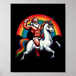Póster Santa Gay Cabalgando un Unicornio Muestra Músculos