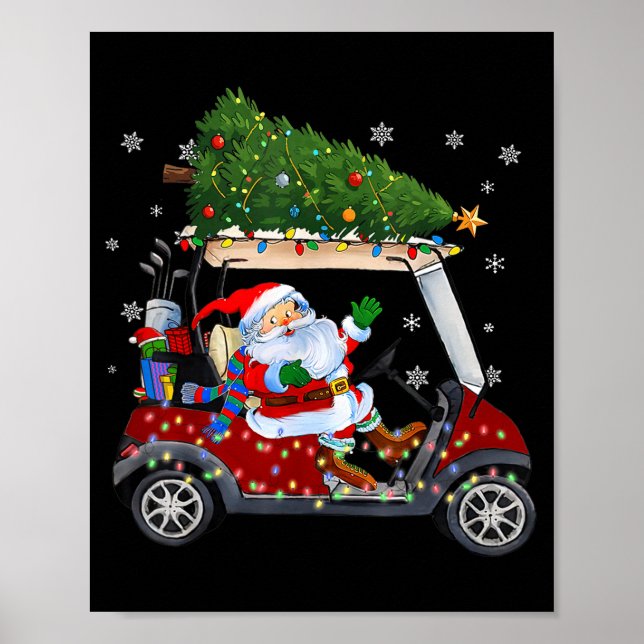 Póster Santa Golf Cart Christmas Tree Lights Xmas Golfer  (Frente)