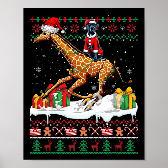 Póster Santa Great Dane Riding Giraffe Navidades Sweater (Frente)