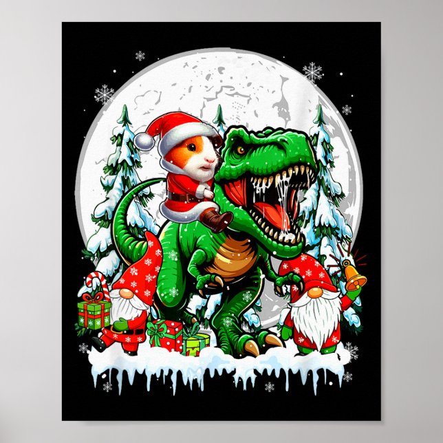 Póster Santa Guinea G Riding T-rex Gnomes Christmas Trees (Frente)