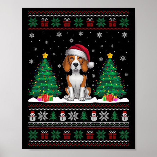 Póster Santa Hat Beagle Dog Árbol de navidad ilumina Ugly (Frente)