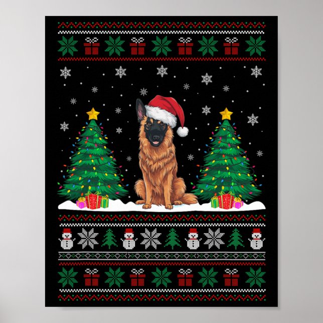 Póster Santa Hat Belga Malinois Perro Xmas Árbol Luces Ug (Frente)