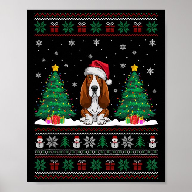 Póster Santa Hat Bet Hound Dog Xmas Tree se ilumina sueco (Frente)