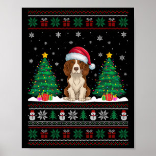 Póster Santa Hat Brittany Spaniel Dog Xmas Tree iluminan