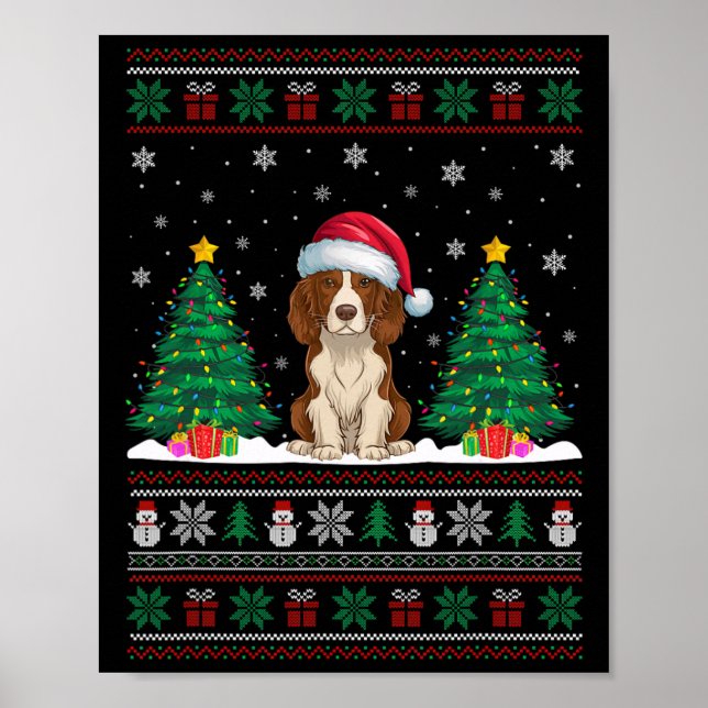 Póster Santa Hat Brittany Spaniel Dog Xmas Tree iluminan  (Frente)