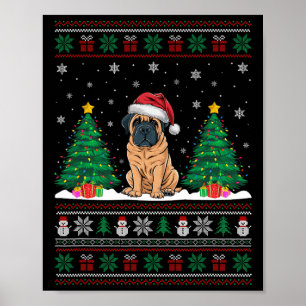 Póster Santa Hat English Mastiff Dog Xmas Tree Luces Ugl