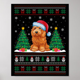 Póster Santa Hat Goldendoodle Dog Xmas Tree iluminan S