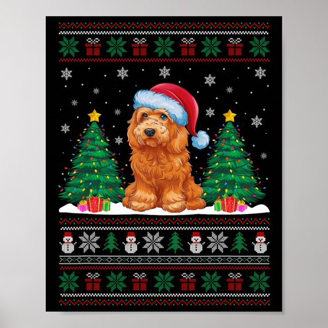 Póster Santa Hat Goldendoodle Dog Xmas Tree iluminan S (Frente)