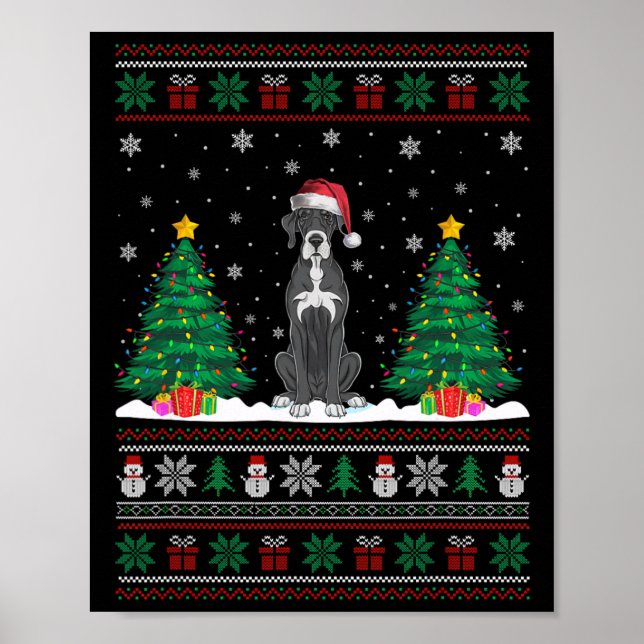 Póster Santa Hat Great Dane Perro Árbol de Navidad Luces  (Frente)