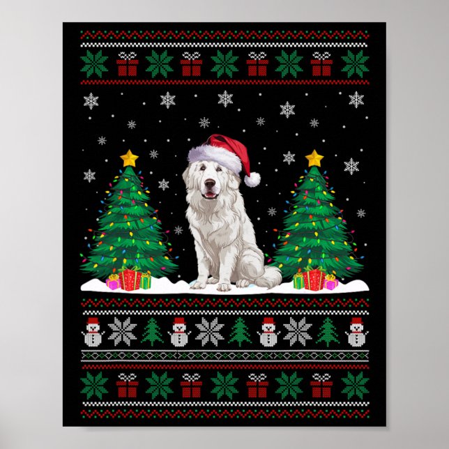 Póster Santa Hat Great Pyrenees Dog Xmas Tree iluminan fe (Frente)