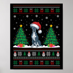 Póster Santa Hat Greyhound Dog Árbol de Navidad se ilumin