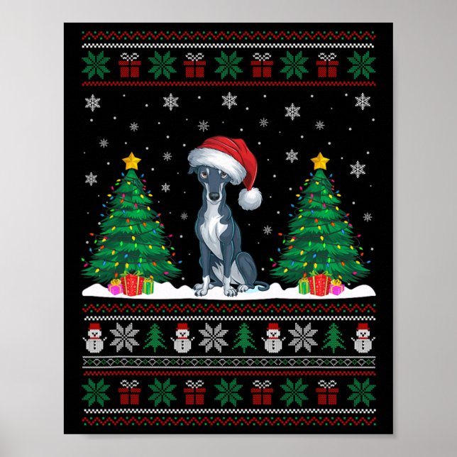Póster Santa Hat Greyhound Dog Árbol de Navidad se ilumin (Frente)