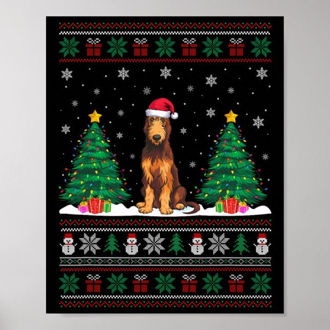 Póster Santa Hat Irlandés Wolfhound Dog Xmas Tree Luces U (Frente)