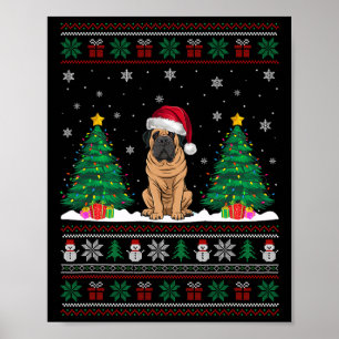 Póster Santa Hat Mastiff Perro Árbol de Navidad Enciende 