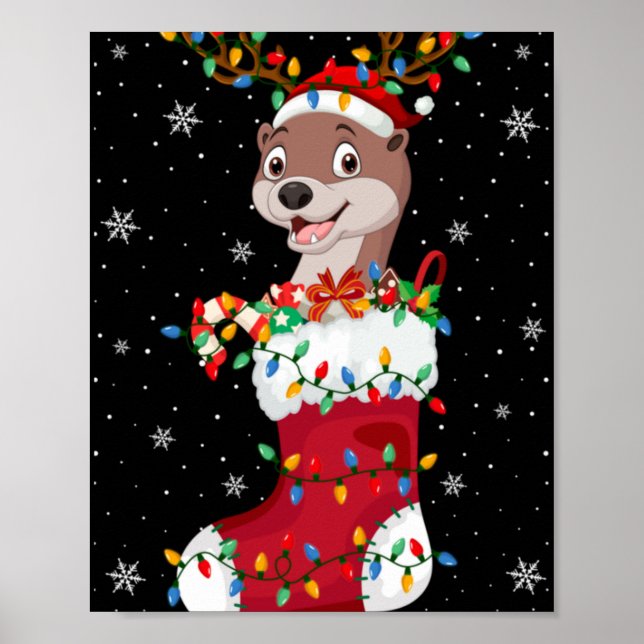Póster Santa Hat Otter Animal In Socks Xmas Tree Lights  (Frente)