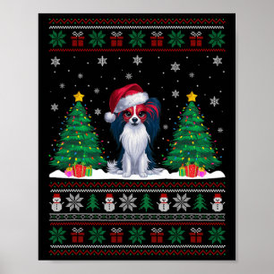 Póster Santa Hat Papillon Dog Árbol de Navidad se ilumina