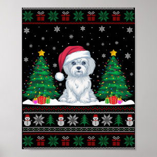 Póster Santa Hat Perro maltés Árbol de Navidad enciende S