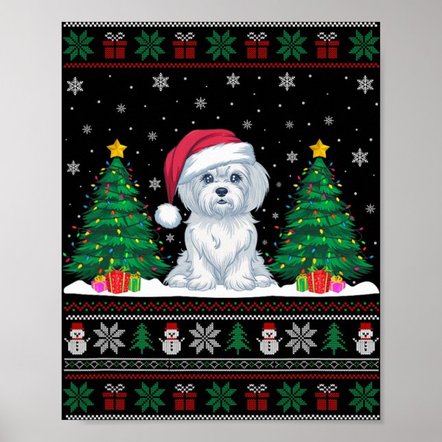 Póster Santa Hat Perro maltés Árbol de Navidad enciende S (Frente)