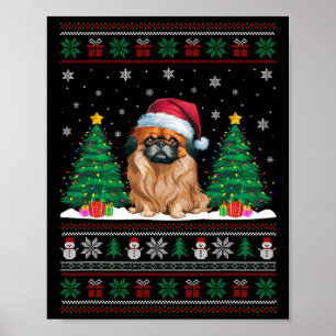 Póster Santa Hat Perro Pekingese Árbol de Navidad se ilum