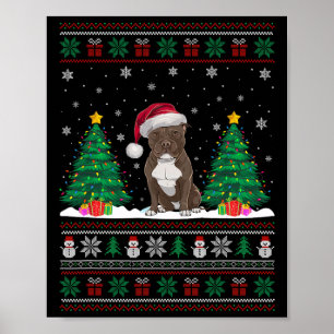 Póster Santa Hat Pitbull Perro Árbol de Navidad Enciende 