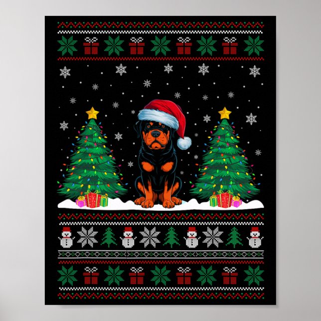 Póster Santa Hat Rottweiler Perro Árbol de Navidad Luces  (Frente)