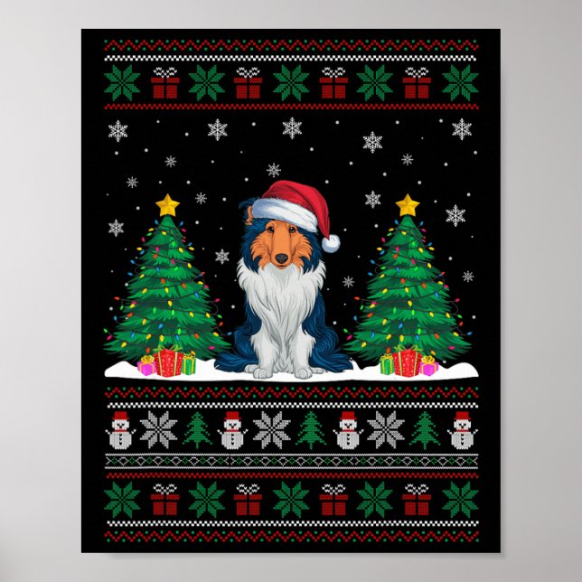 Póster Santa Hat Rough Collie Dog Xmas Tree iluminan S (Frente)