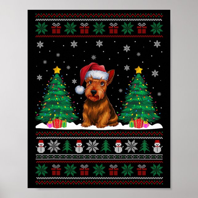 Póster Santa Hat Scottish Terrier Dog Xmas Tree Luces Ug (Frente)
