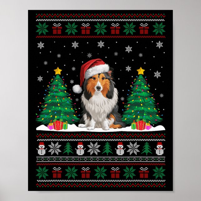 Póster Santa Hat Shetland Sheepdog Xmas Árbol Luz Ug (Frente)