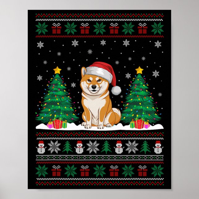 Póster Santa Hat Shiba Inu Perro Árbol de Navidad se ilum (Frente)