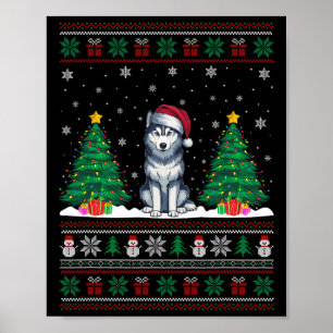 Póster Santa Hat Siberian Husky Dog Xmas Tree se ilumina