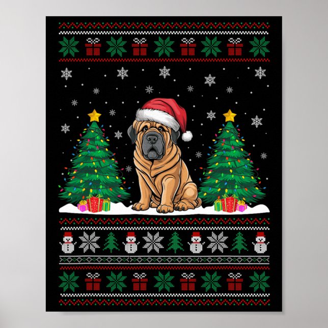 Póster Santa Hat Tibetano Mastiff Perro Xmas Árbol Luces  (Frente)