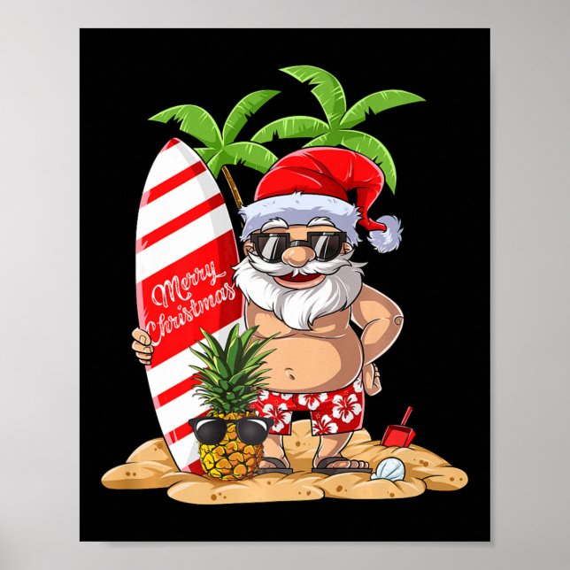Póster Santa Hawaiian Surfing T Shirt Christmas Summer Su (Frente)