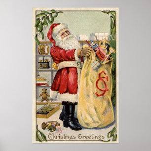 Póster Santa Holding an Overflowing Bag of Toys