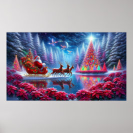 Póster Santa in His Sleigh on Poinsettia Pond Wall Poster