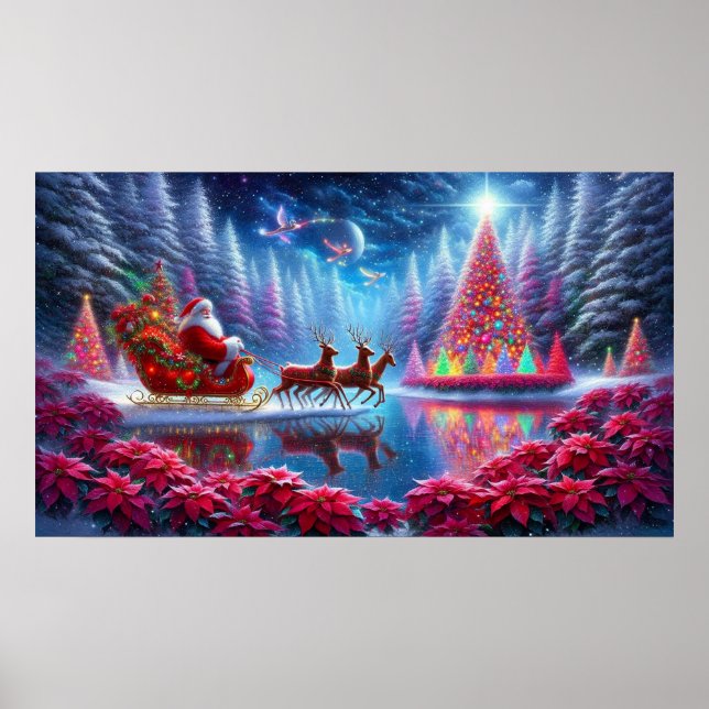 Póster Santa in His Sleigh on Poinsettia Pond Wall Poster (Frente)