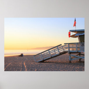 Póster Santa Monica Beach Lifeguard Tower Sunset Poster