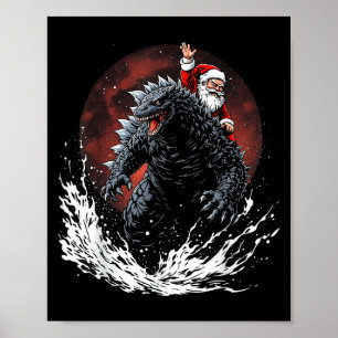 Póster Santa montando al monstruo japonés Kaiju por Crist
