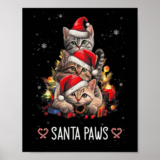 Póster Santa Paw Y Claw Santa Cat Iluminan Árbol De Navid (Frente)