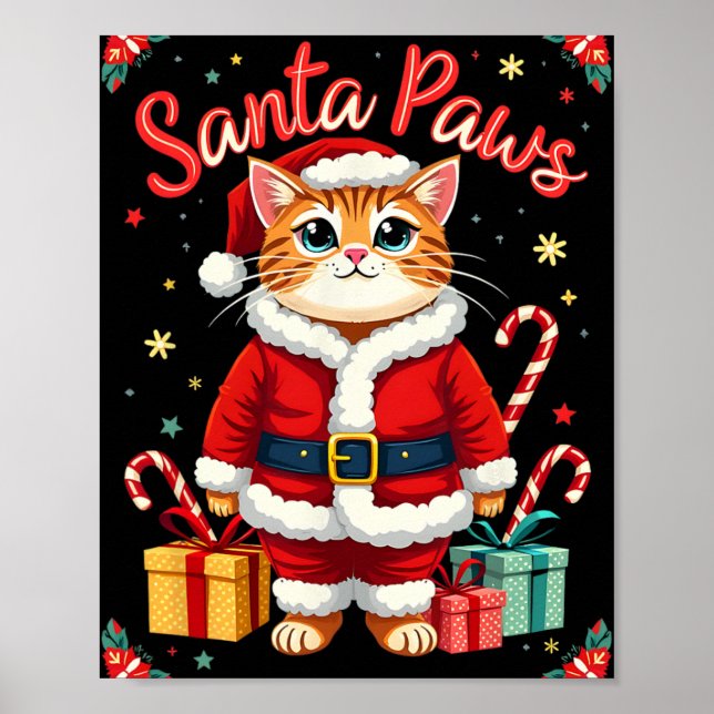 Póster Santa Paws Cat Santa Hat Navidades Kitten Xmas Ugl (Frente)