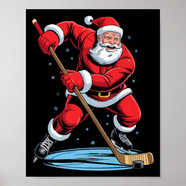 Póster Santa Playing Hockey Funny Holiday Christmas Xmas  (Frente)