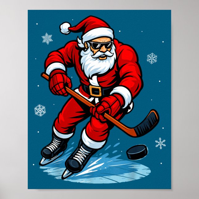 Póster Santa Playing Ice Hockey Xmas Funny Christmas Hock (Frente)