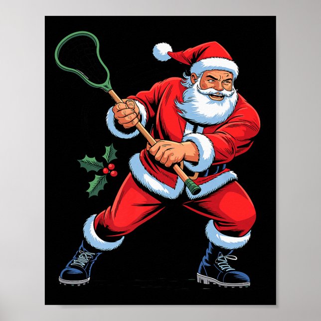 Póster Santa Playing Lacrosse Funny Holiday Christmas Xma (Frente)